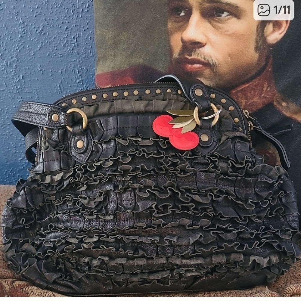 Moschino Black Italian Leather Ruffled Shoulder Bag with Cherry Key Chain